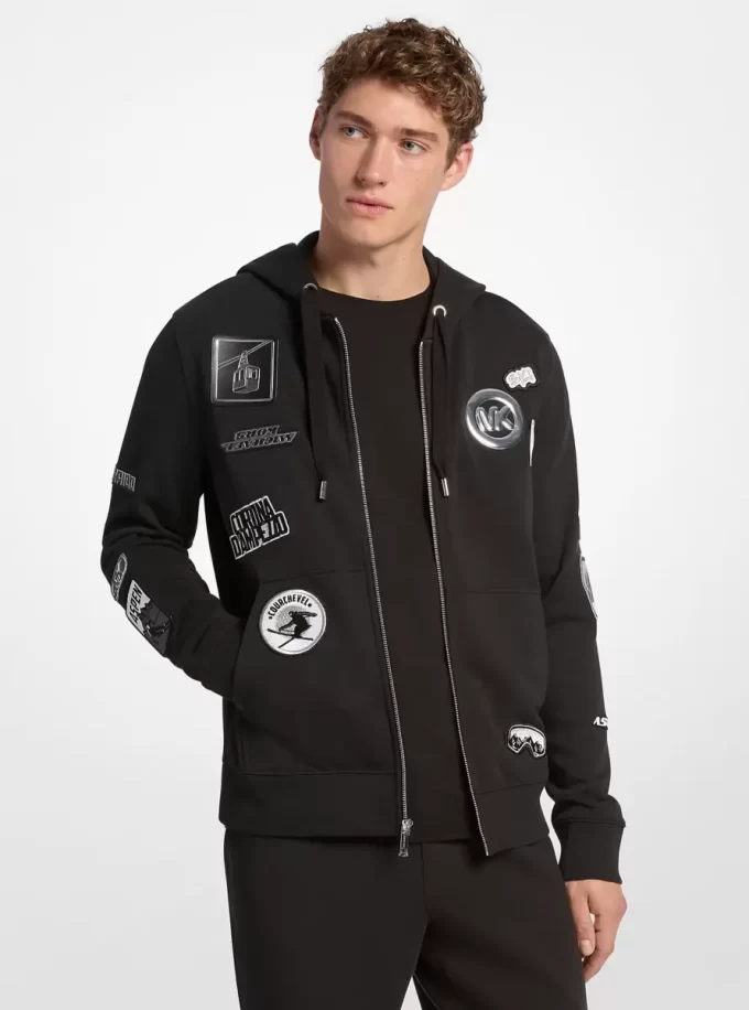 Bluza z kapturem zapinana na zamek z bawełny zdobionej Bluza z kapturem zapinana na zamek z bawełny zdobionej