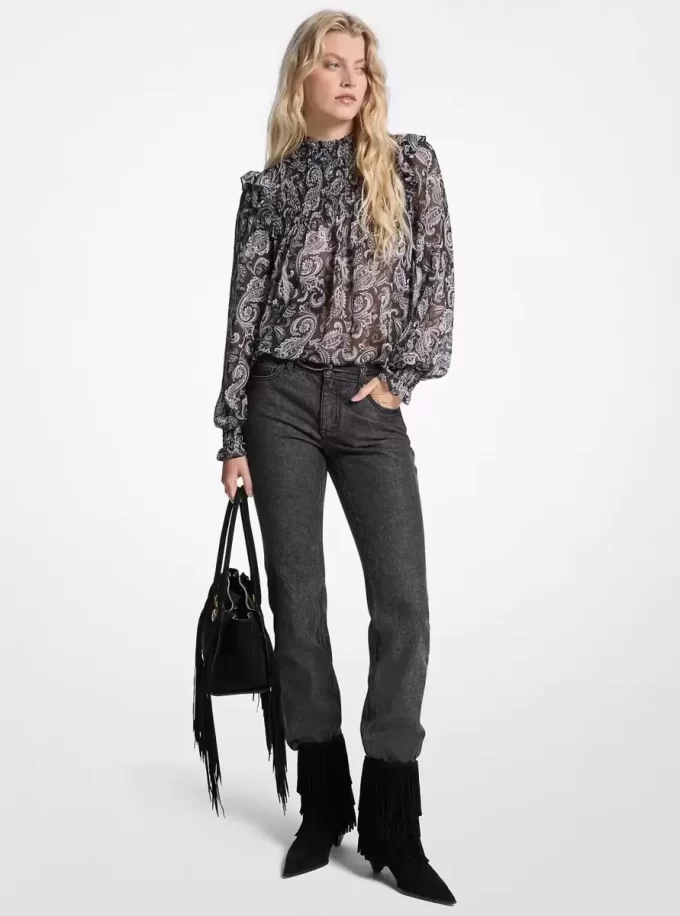 Bluzka z żorżety w metalicznym wzorze paisley