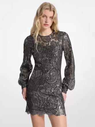 Metaliczna koronkowa mini sukienka w stylu paisley