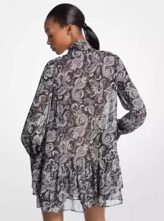 Sukienka z metalicznym wzorem paisley i żorżetą, wiązana na szyi Sukienka z metalicznym wzorem paisley i żorżetą, wiązana na szyi